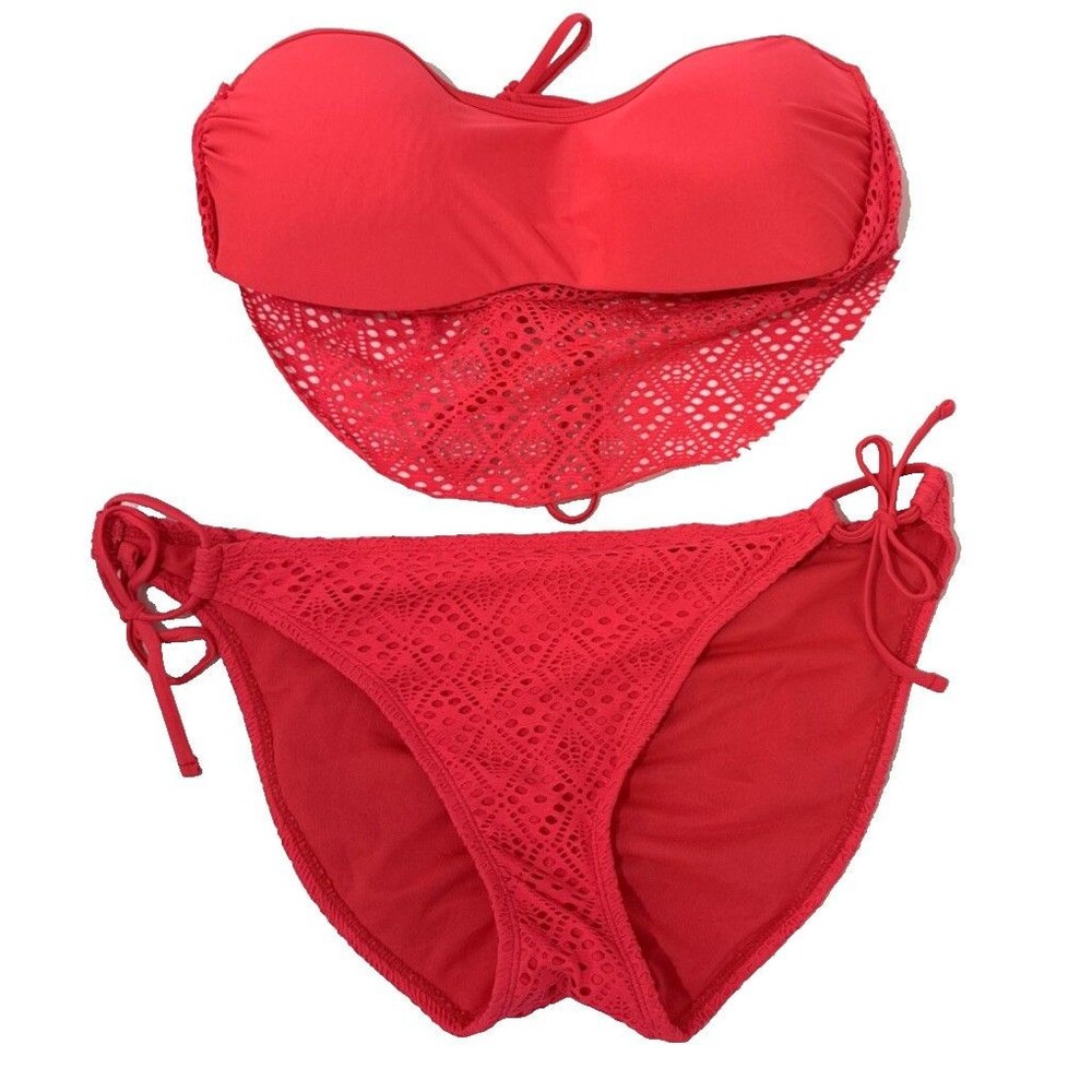 Ron Jon Hot Pink Fuscia 2 Piece Bikini Lace Detail Set Side Ties Push Up Top XL